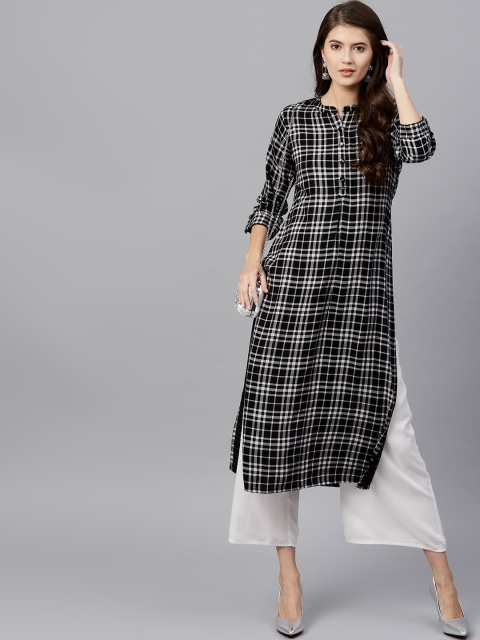 

GERUA Women Black & White Checked Straight Kurta