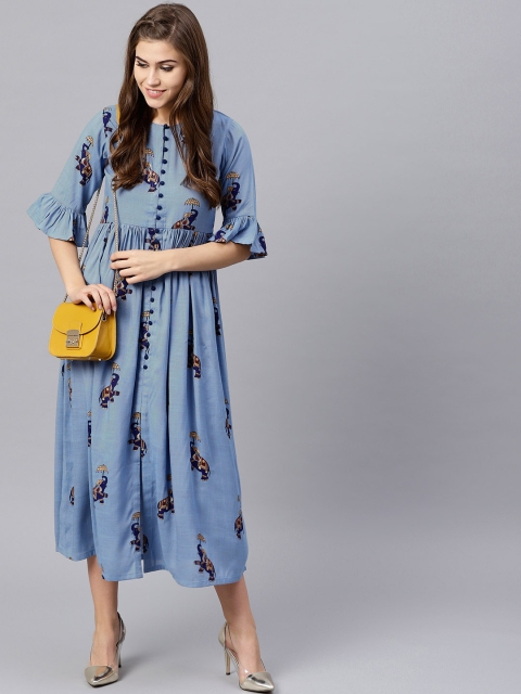 

GERUA Women Blue Printed Midi Empire Dress