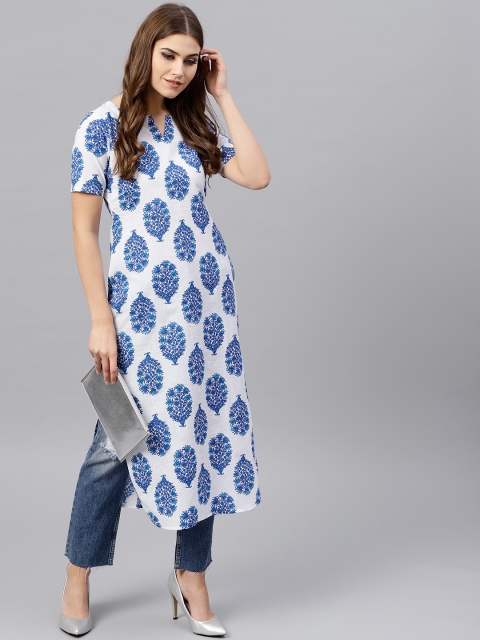 

GERUA Women White & Blue Printed Straight Kurta