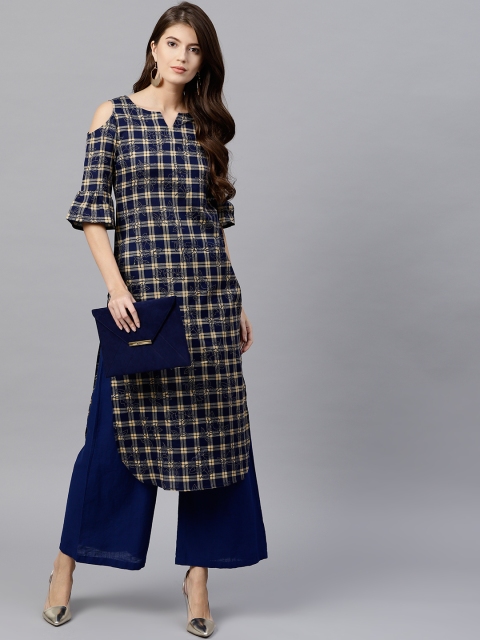 

GERUA Women Navy Blue & Beige Checked Straight Kurta