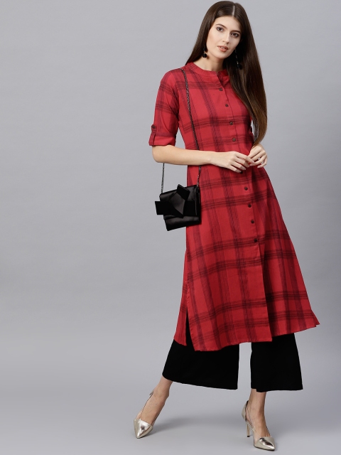 

GERUA Women Red & Black Checked A-Line Kurta