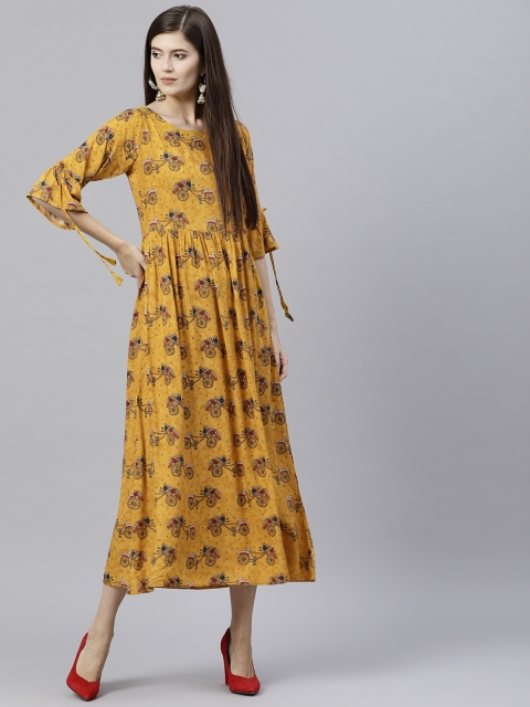 

GERUA Women Mustard Yellow Printed Maxi Dress