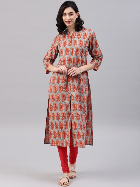 

GERUA Women Grey & Orange Printed Straight Kurta