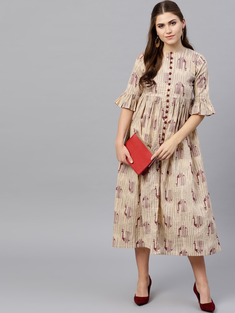 

GERUA Women Beige & Maroon Printed Midi Empire Dress
