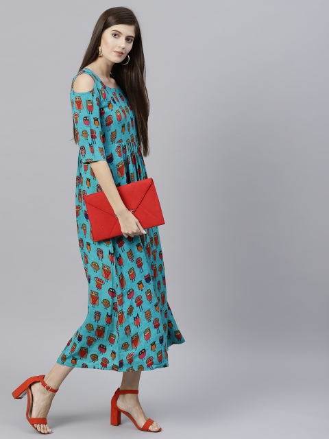 

GERUA Women Turquoise Blue & Pink Printed Cold-Shoulder Maxi Dress