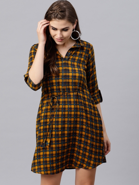 

GERUA Women Mustard Yellow & Blue Checked A-Line Dress