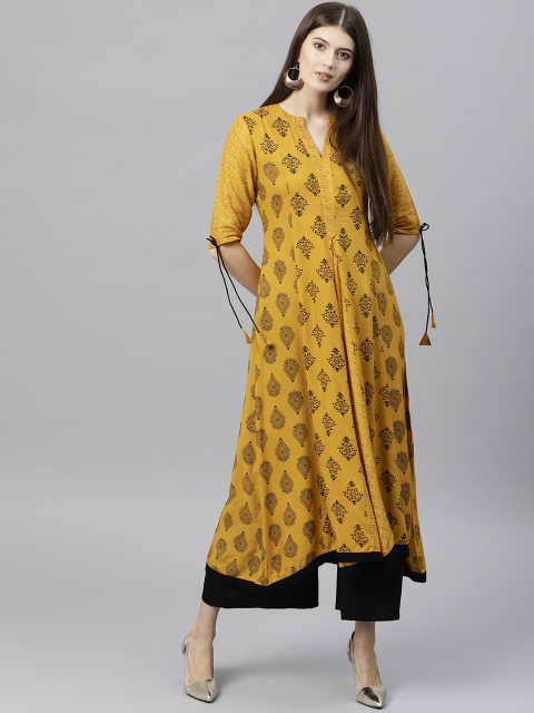 

GERUA Women Mustard Yellow & Black Printed A-Line Kurta
