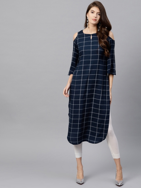 

GERUA Women Navy Blue & White Checked Straight Kurta