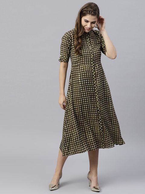 

GERUA Women Coffee Brown Checked Midi A-Line Dress