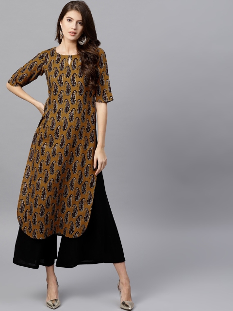 

GERUA Women Mustard Brown & Black Printed Straight Kurta