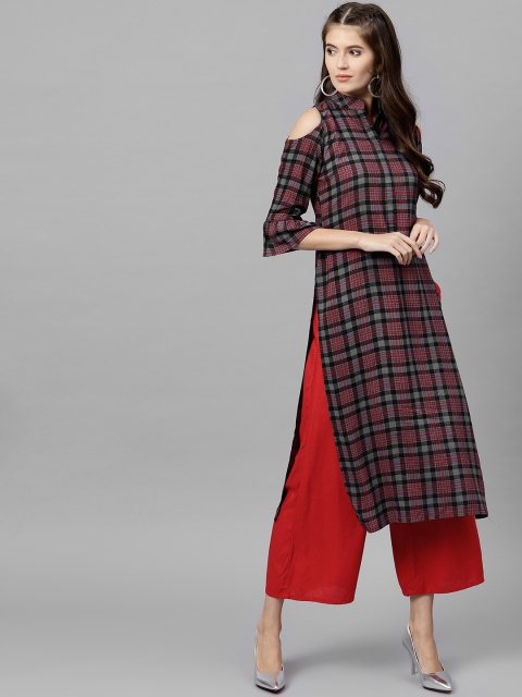 

GERUA Women Charcoal Grey & Red Checked Straight Kurta