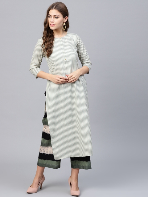 

GERUA Women Green & Off-White Striped Kurta with Palazzos