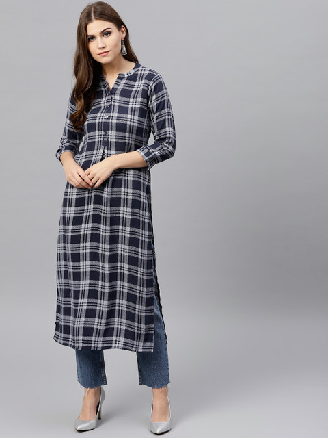 

GERUA Women Navy Blue & White Checked Straight Kurta