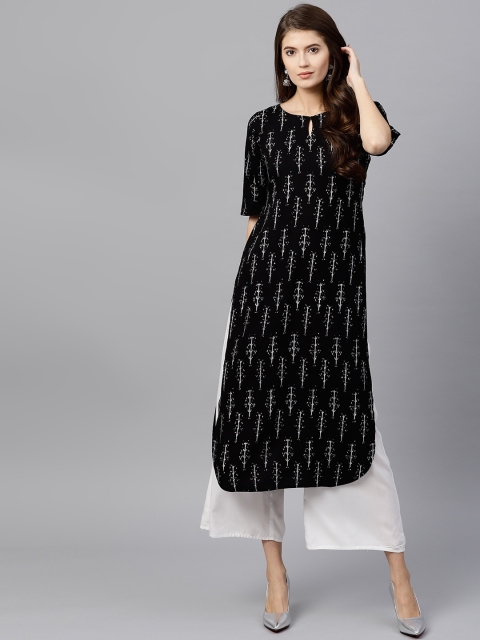 

GERUA Women Black & Off-White Printed Straight Kurta
