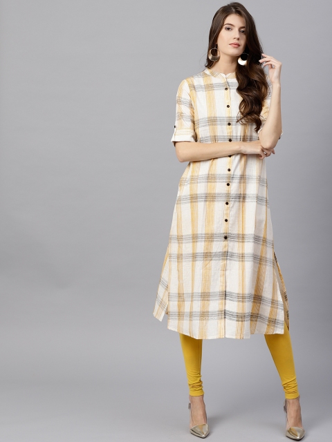 

GERUA Women White & Mustard Yellow Checked A-Line Kurta