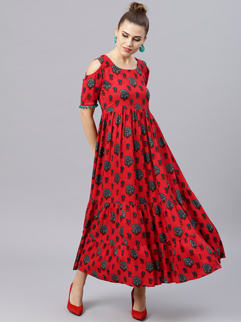 

GERUA Women Red & Teal Blue Printed Maxi Dress