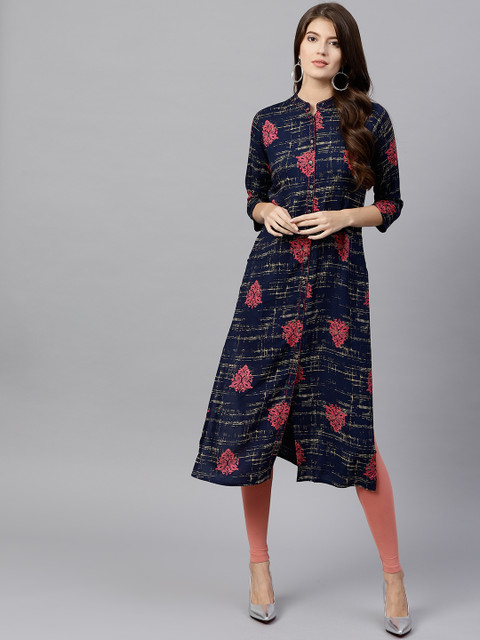 

GERUA Women Navy Blue & Pink Printed Straight Kurta