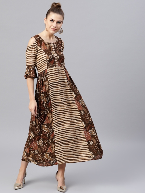 

GERUA Women Brown Printed Cold-Shoulder Maxi Dress