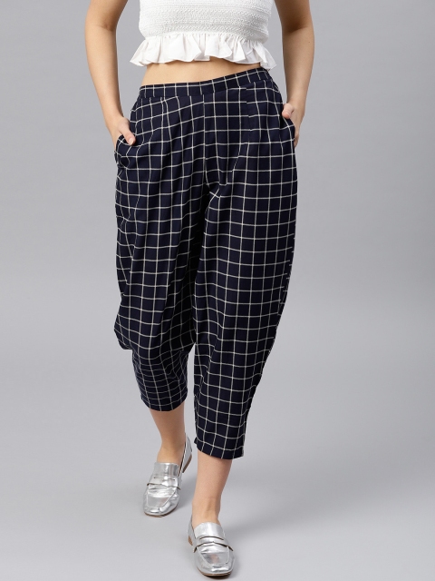 

GERUA Women Navy Blue & White Regular Fit Checked Checked Trousers