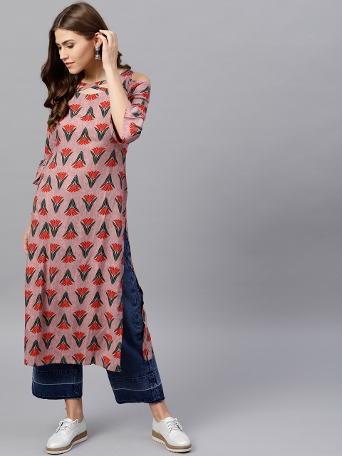 

GERUA Women Mauve & Red Printed Cold Shoulder Straight Kurta