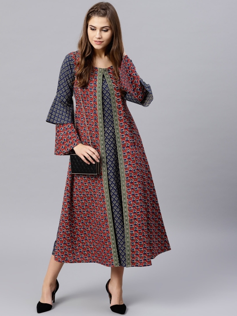 

GERUA Women Navy & Rust Brown Layered Printed Midi A-Line Dress, Navy blue