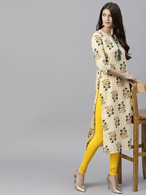 

GERUA Women Cream-Coloured & Green Printed Straight Kurta