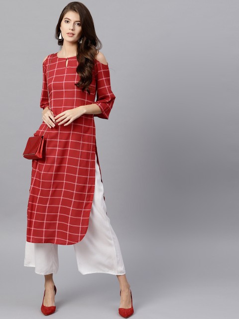 

GERUA Women Red Checked Straight Kurta