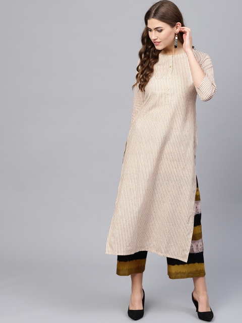 

GERUA Women Beige & Mustard Brown Striped Kurta with Palazzos