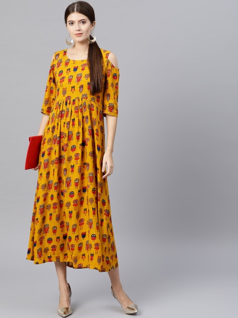 

GERUA Women Mustard Yellow Printed Cold Shoulder Maxi Dress