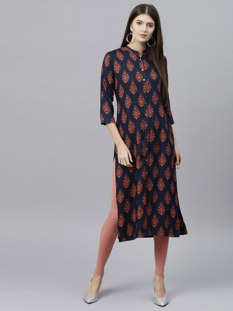 

GERUA Women Navy Blue & Orange Printed Straight Kurta