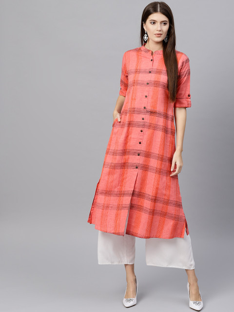 

GERUA Women Coral Pink & Black Checked A-Line Kurta