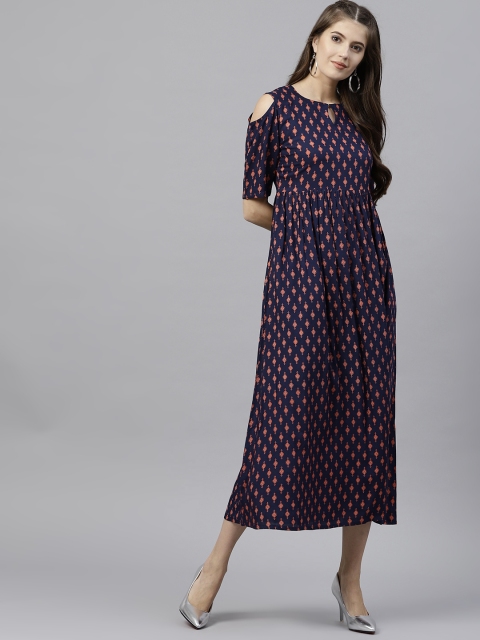 

GERUA Women Navy & Peach-Coloured Printed Cold-Shoulder Midi A-Line Dress, Navy blue