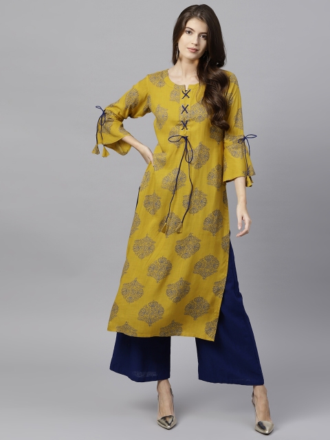 

GERUA Women Mustard Yellow & Navy Blue Printed Straight Kurta