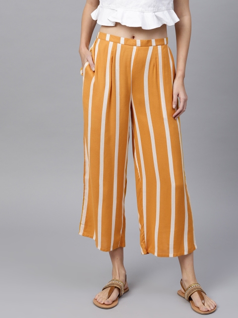 

GERUA Women Mustard Yellow & White Striped Wide Leg Cropped Palazzos