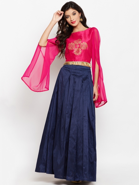 

studio rasa Navy Blue & Pink Box Pleated Lehenga with Embellished Blouse