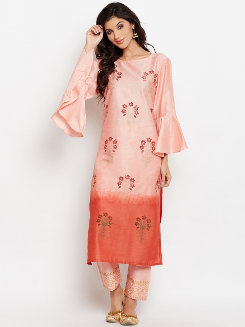 

studio rasa Women Pink & orange Block Printed Dip-Dye Kurta with Pyjamas