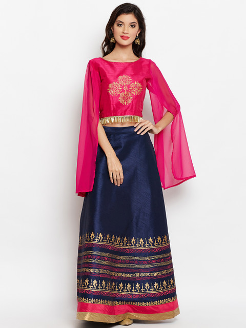 

studio rasa Navy Blue & Pink Block Printed Lehenga with Embellished Blouse