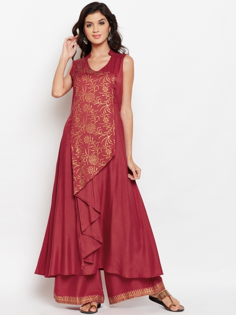 

studio rasa Women Maroon & Gold-Toned Block Printed Waterfall Kurta with Palazzos