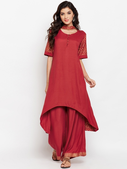 

studio rasa Women Maroon & Block Printed Choker Kurta with Palazzos