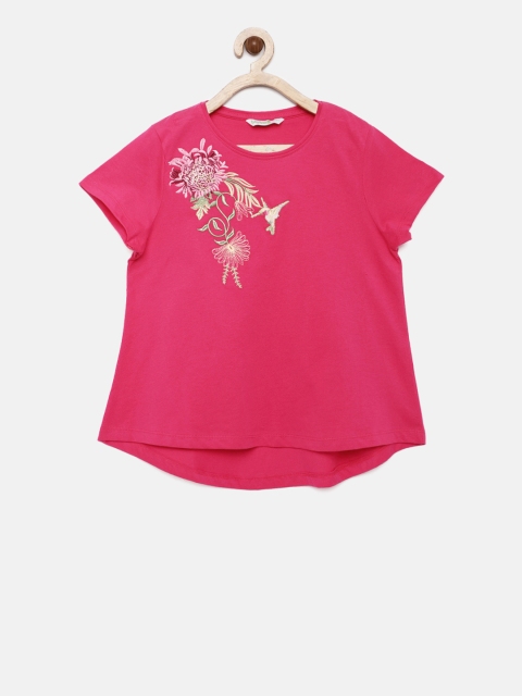

Bossini Girls Pink Solid High-Low Embroidered Top