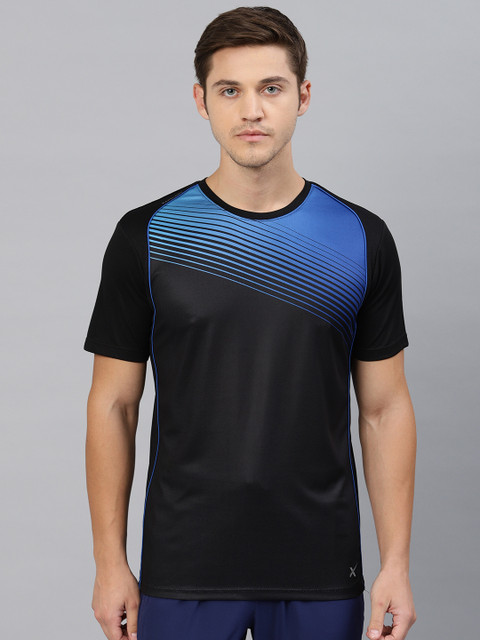

HRX by Hrithik Roshan Men Black & Blue Striped Rapid-Dry T-Shirt