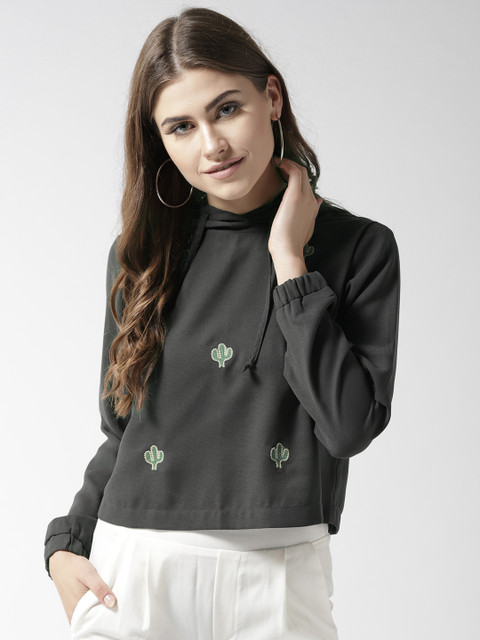 

QUIERO Women Charcoal Grey Embroidered Hooded Top