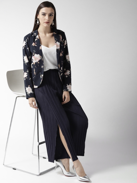 

QUIERO Women Navy Blue & Peach-Coloured Printed Single-Breasted Casual Blazer