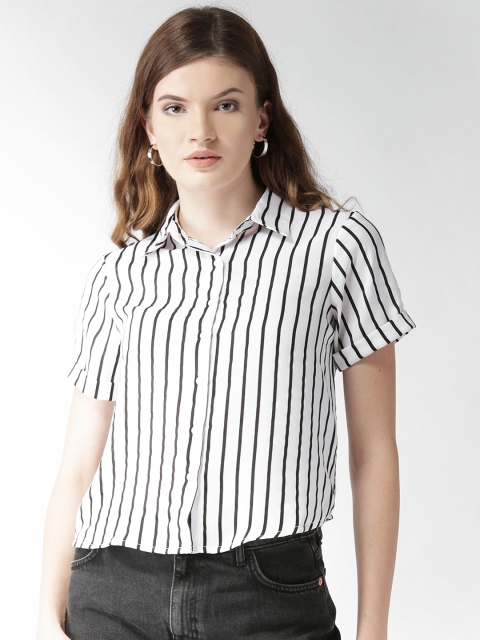 

QUIERO Women White & Black Regular Fit Striped Casual Shirt