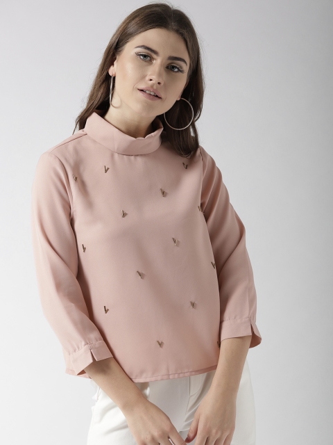 

QUIERO Women Peach-Coloured Embellished Styled Back Top
