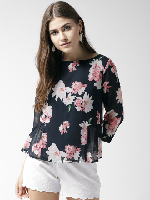 

QUIERO Women Navy Blue & Pink Printed A-line Top