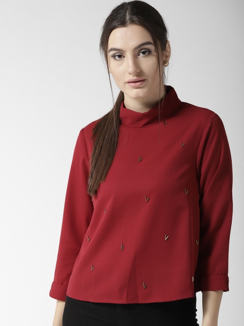 

QUIERO Women Maroon Embellished Styled Back Top