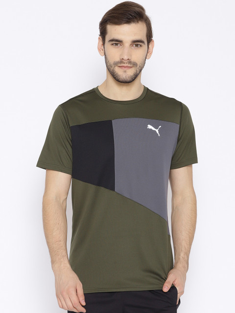 

Puma Men Olive Green & Grey Colourblocked Running T-shirt