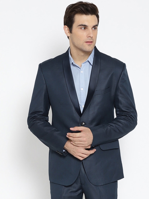 

Routeen Navy Blue Single-Breasted Slim Fit Tuxedo Blazer