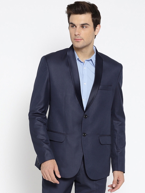 

Routeen Navy Single-Breasted Slim Fit Tuxedo Blazer, Navy blue